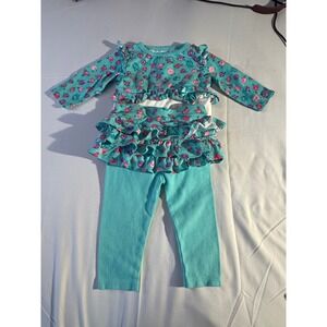 Baby Girl Floral Ruffle Long Sleeve Top and Leggings Set Teal Pink Roses